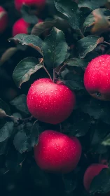 Crimson apples hang on rain kissed orchard branches.