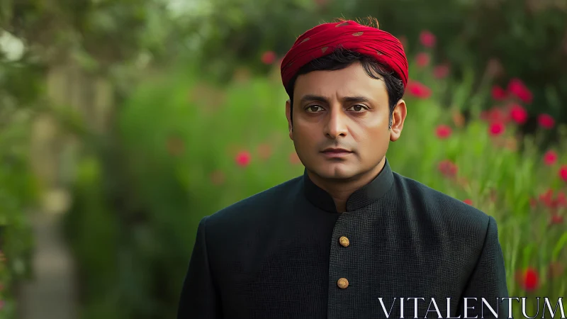 Crimson turban calm amid blurred garden blossoms.