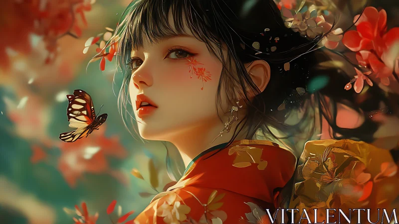 Young woman in floral kimono gazes at butterfly calmly