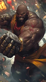 Hammer-fisted cyber brawler lunges through blazing alleyway.