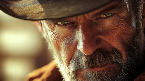 Weathered male face in close view under wide-brimmed hat.