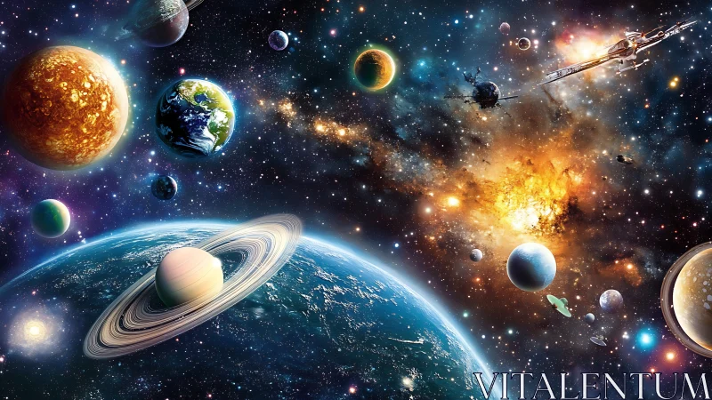 Planets swirl like marbles in a riotously glowing galaxy