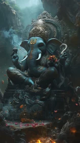 Mythic Ganesha shrine in cavernous atmospheric rendering.