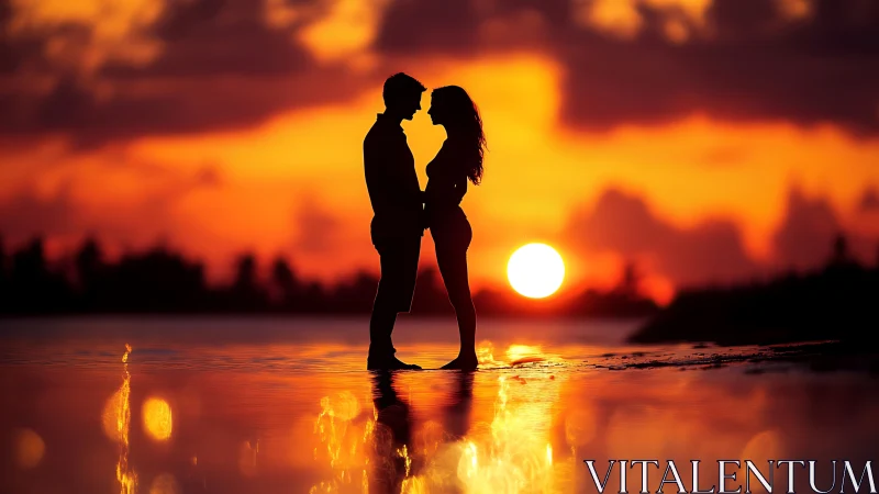 Silhouetted Couple at Sunset Over Water