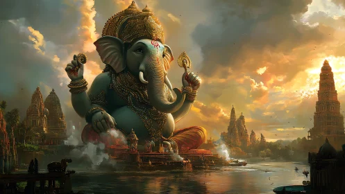 Colossal riverfront deity in molten sunset smoke and gold.