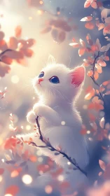 White Kitten with Blue Eyes Among Cherry Blossoms.