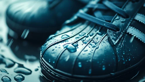 Close-up wet sneakers with raindrops on glossy surface.