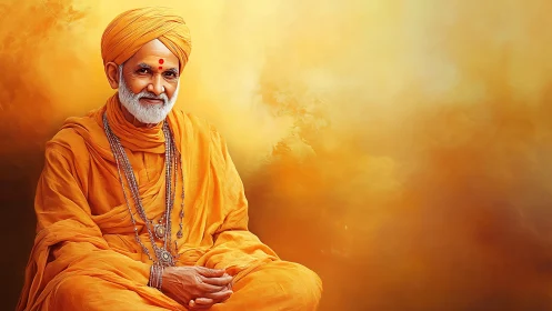 Digital portrait of orange-robed elder monk on diffuse warm backdrop