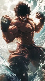 Dynamic low-angle anime fighter rendered with dramatic lighting