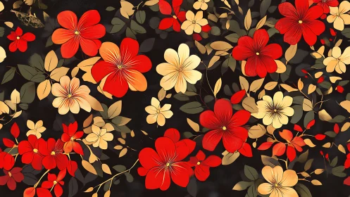 Layered floral composition with chromatic contrast: red and cream blooms on dark ground