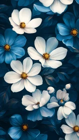 Digital illustration depicting cosmos flowers with contrasting blue and white petals.