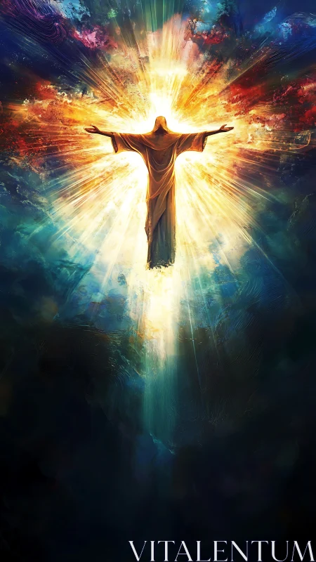 Radiant robed figure rising through a cascading skyburst.