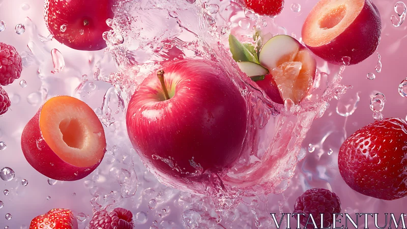 Vivid red fruits splashing in pink water background.