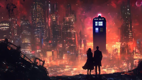 Silhouetted travellers before blue time-capsule in burning megacity