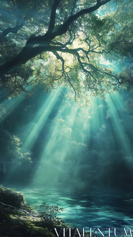 Sunlit forest canopy over calm turquoise woodland pool.