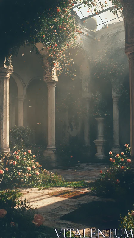 Sunlit ruined cloister garden with drifting rose petals.