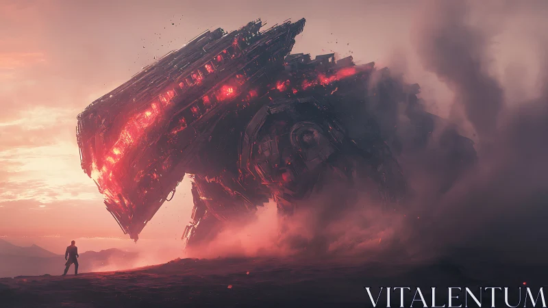 Colossal burning mech looms over lone figure at dusk.