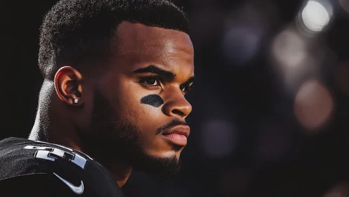 Stadium lights carve steel focus across the player’s face