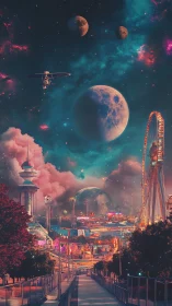 Cosmic midway dreams swirl above a neon interstellar carnival.