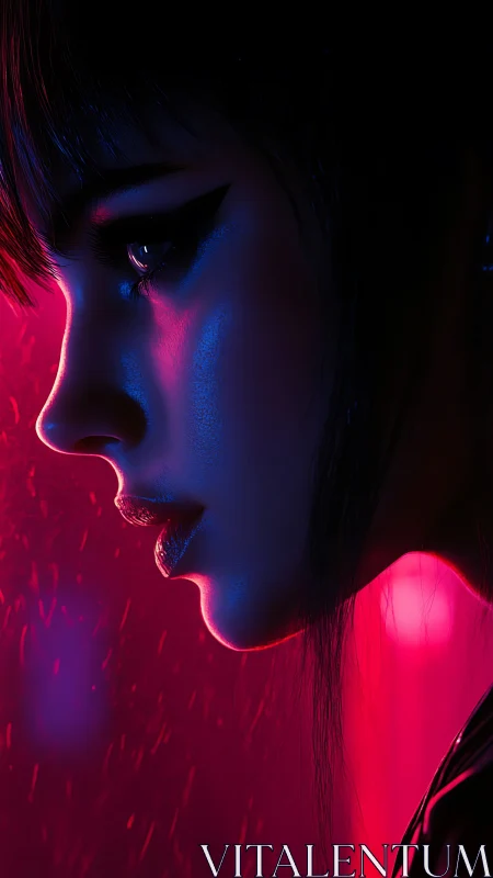 Neon-lit cyberpunk portrait captures rain-soaked contemplation.