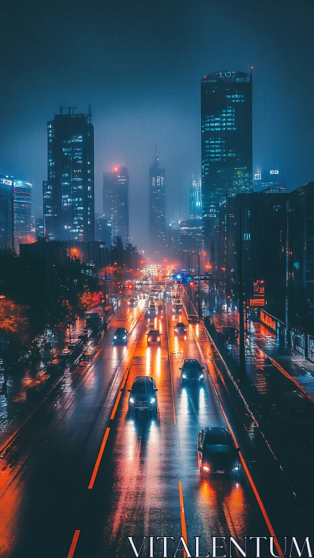 Neon city street glowing softly in the quiet night rain.