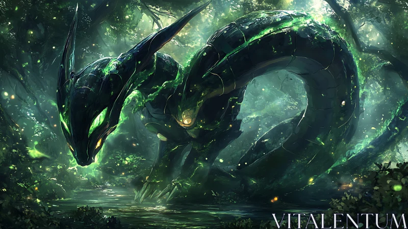 Bioluminescent cyber dragon coils through dense emerald forest