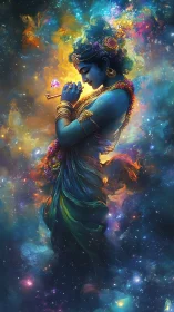 Cosmic blue deity with flute in luminous nebular aurora field.