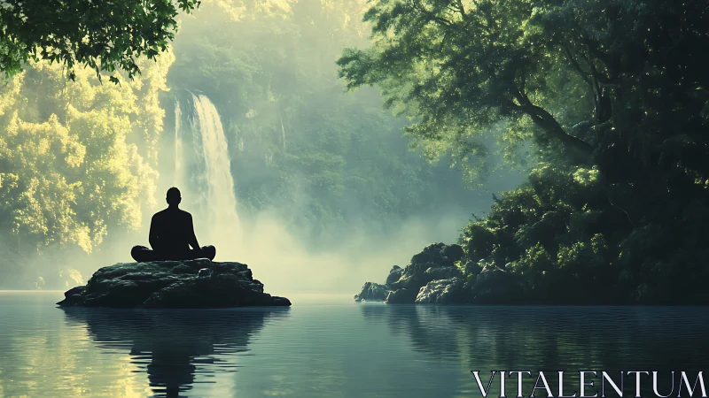 Tranquil meditation by a waterfall in lush, serene forest setting.