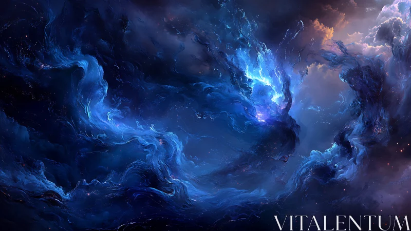 Nebulous blue formations in a dark cosmic environment.