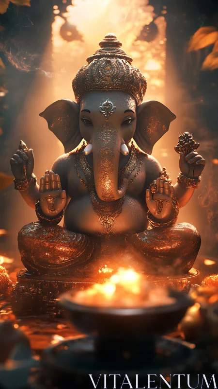 Golden Ganesha idol amid warm ritual firelight glow.