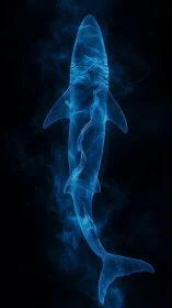 Neon wireframe shark silhouette over deep black void.