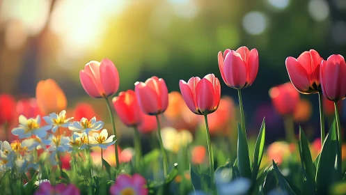 Crimson Tulip Dreams Bathed in Golden Spring Light.