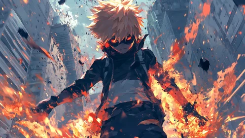 Explosive urban hero amid cascading flame stormed streets.