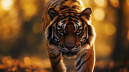 Solitary tiger walking in warm backlit forest environment.