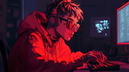 Focused night coder leans into neon glow of a single screen