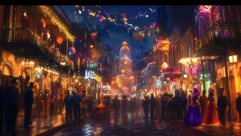 Nighttime street parade with illuminated historic buildings.