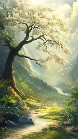 Blossoming tree stands beside stream in illuminated valley