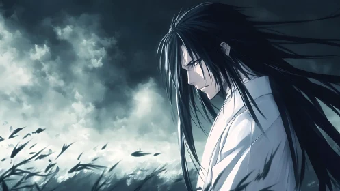 Melancholic anime swordsman against stormy coastal sky.