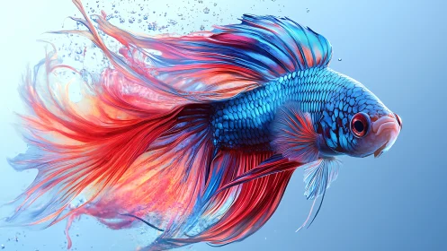 Vibrant digital betta fish with flowing red blue fins.