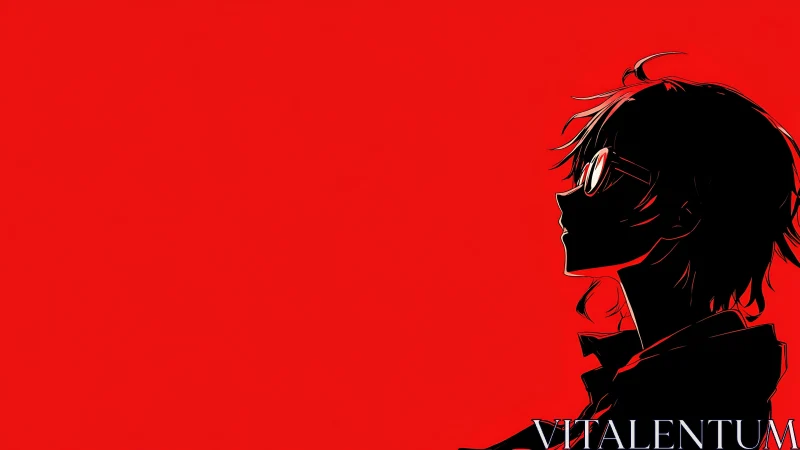 Profile silhouette of glasses wearer on uniform red field.