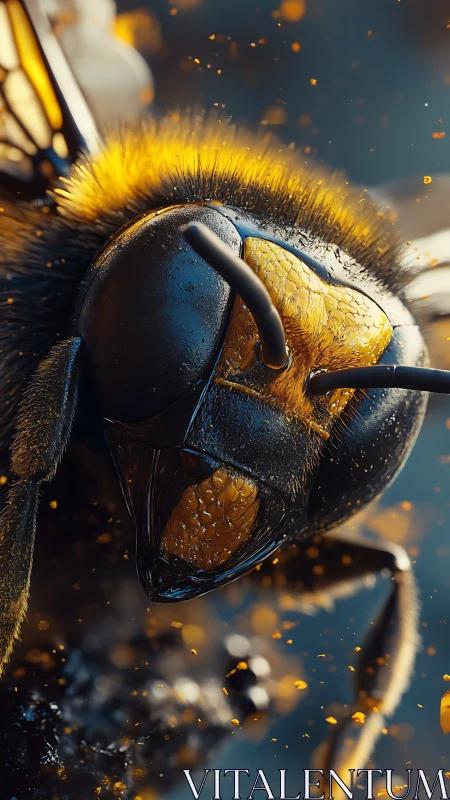 Extreme macro hornet portrait in golden cinematic bokeh.