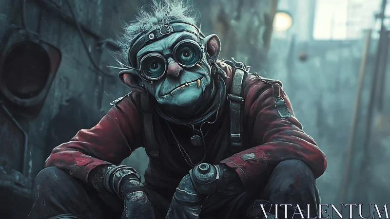 Goggle-eyed junkyard goblin engineer in misty alleyway.