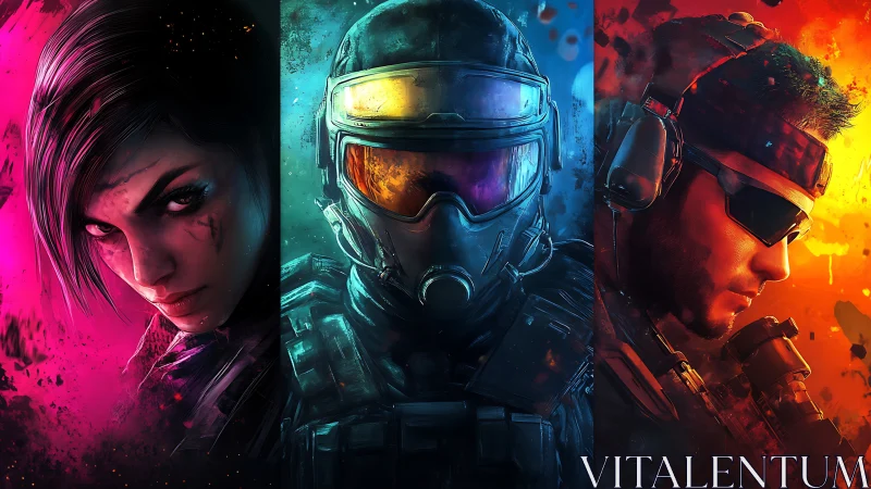 Neon-trimmed warriors ignite a triptych of cyber warfare