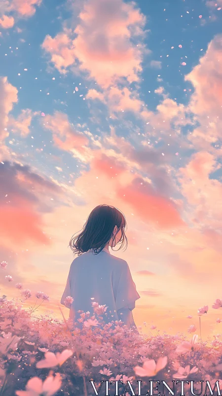 Twilight blossoms surrounding solitary girl beneath pastel sky.