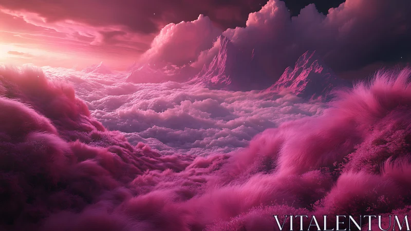 Dreamy pink cloud valley rolls toward glowing sunrise