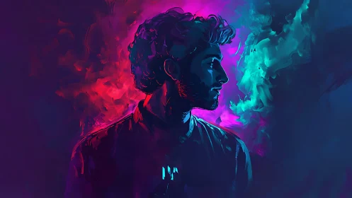 Neon rim-lit male portrait with high contrast bicolor backlighting