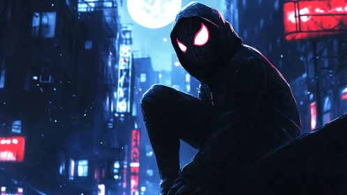 Hooded spider hero perched over neon lit city at night.