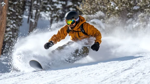 Snowboarder carves powder on steep forested mountain slope