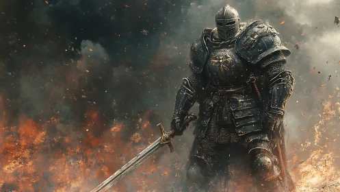 Armored knight in burning battlefield, cinematic framing.