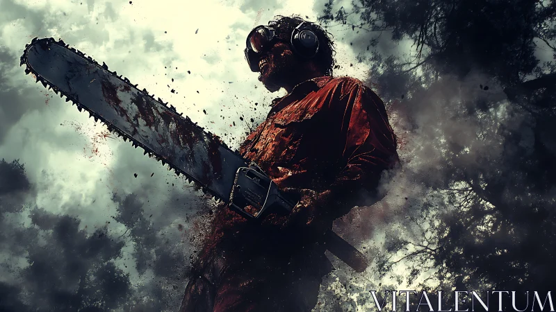 Stormy forest worker holding a roaring chainsaw proudly.
